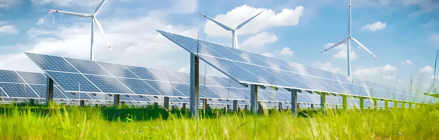 There are solar panels and wind generators on the grassland.