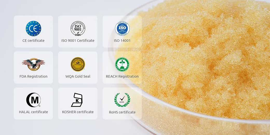 The ion exchange resins with the International certificate.
