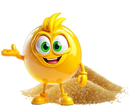 The mascot and two piles of resins.
