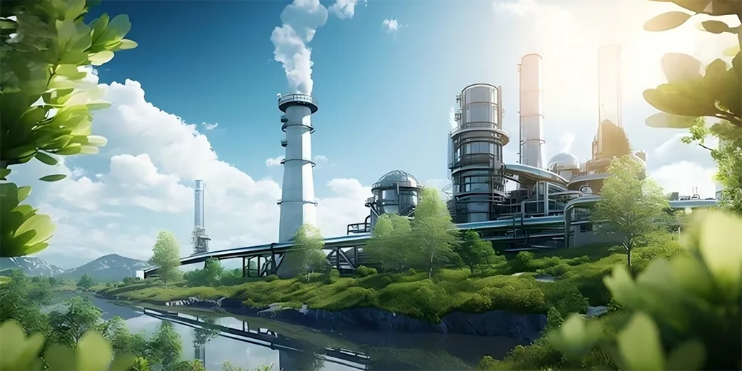The bright and blue sky, clean gas emission and clear water.